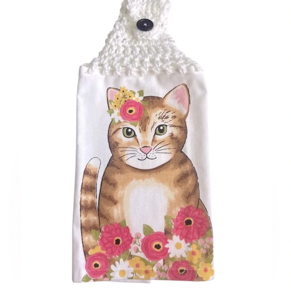 Hand Crafted Hanging Kitchen Hand Towel Cat and Flowers Colorful Crochet Top